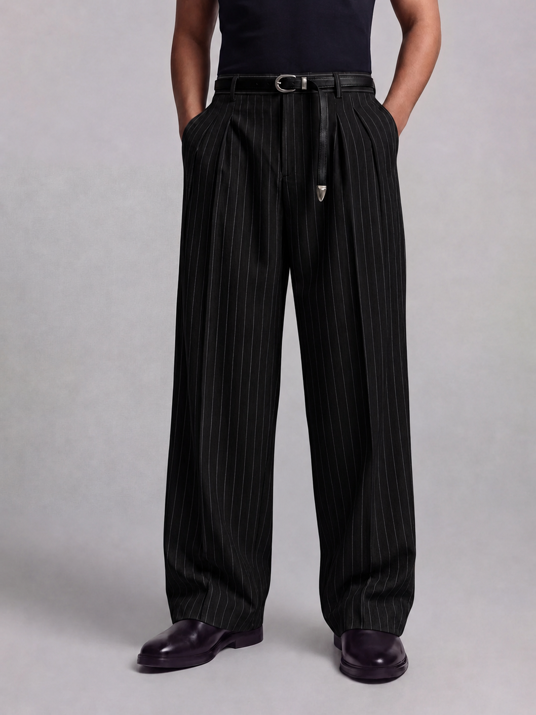 Mens Pinstriped Wide Leg Korean Pants - Black