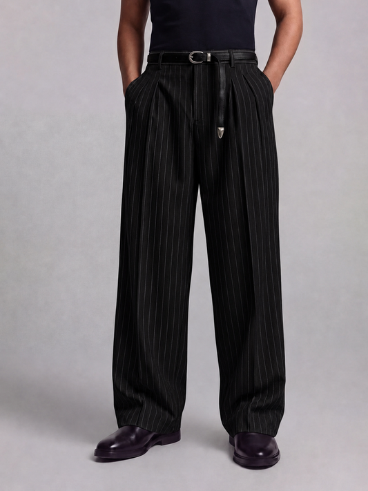 Mens Pinstriped Wide Leg Korean Pants - Black