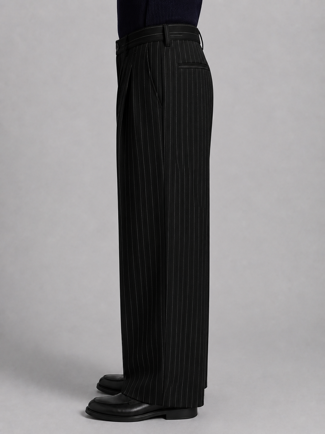 Mens Pinstriped Wide Leg Korean Pants - Black