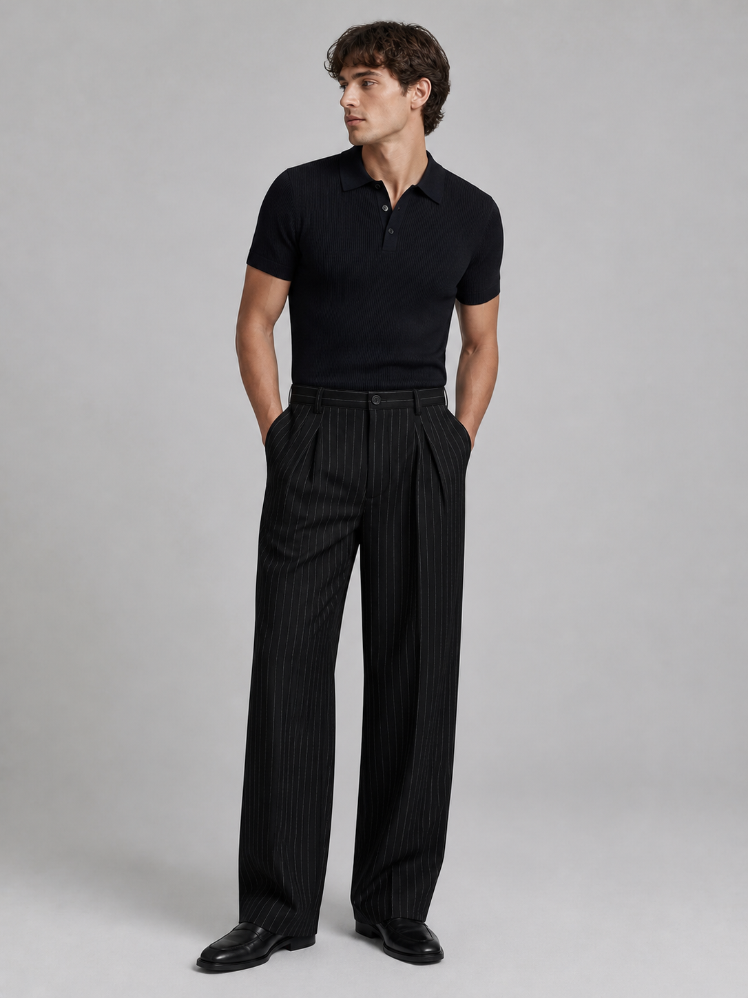 Mens Pinstriped Wide Leg Korean Pants - Black
