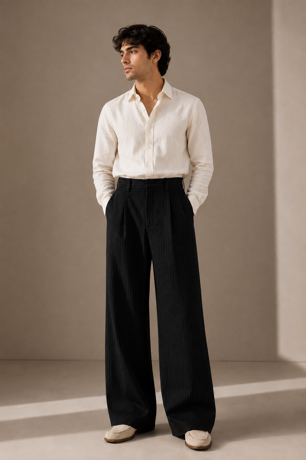 OLD MONEY HIGH RISE STRIPED BOOTCUT TROUSERS-BLACK