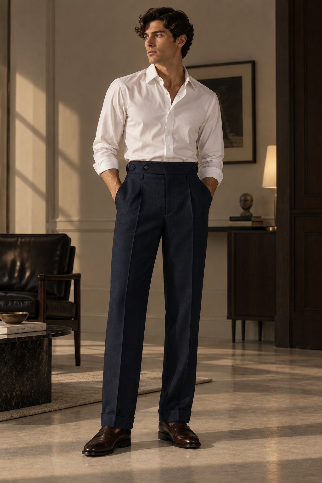 Monarch Navy Pleated Striped Trousers