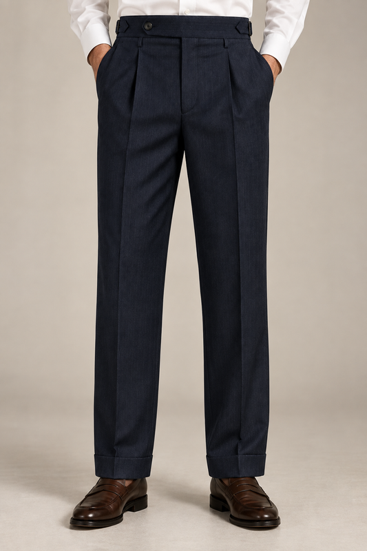 Monarch Navy Pleated Striped Trousers