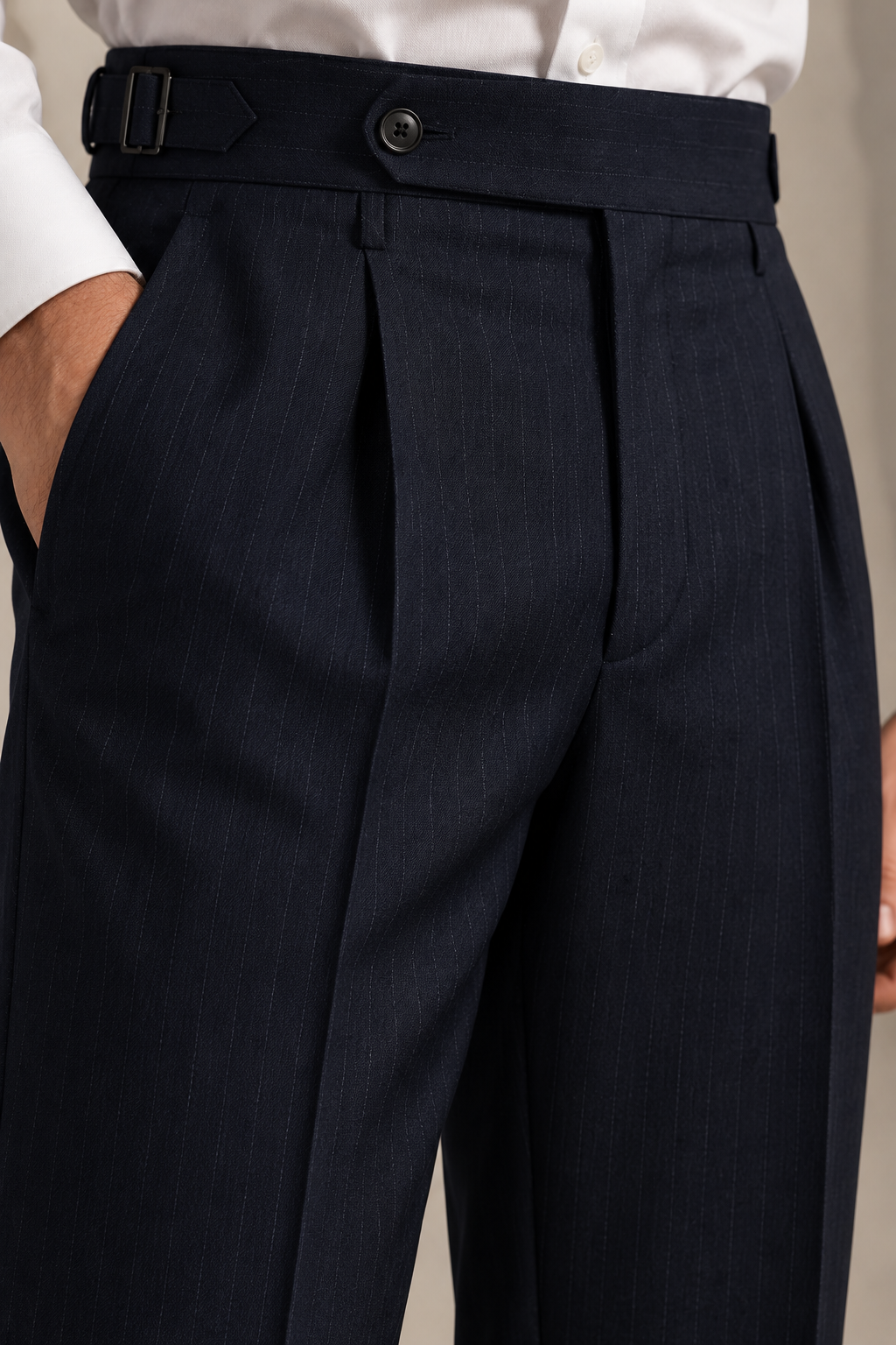 Monarch Navy Pleated Striped Trousers