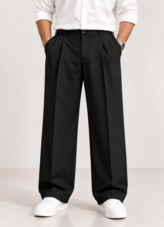 Mens Relaxed Fit Korean Pleated Trousers-Black