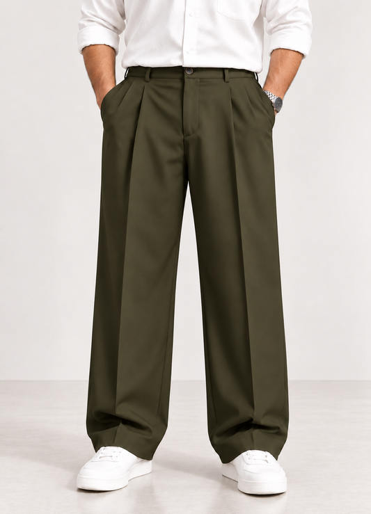Mens Relaxed Fit Korean Pants-Olive