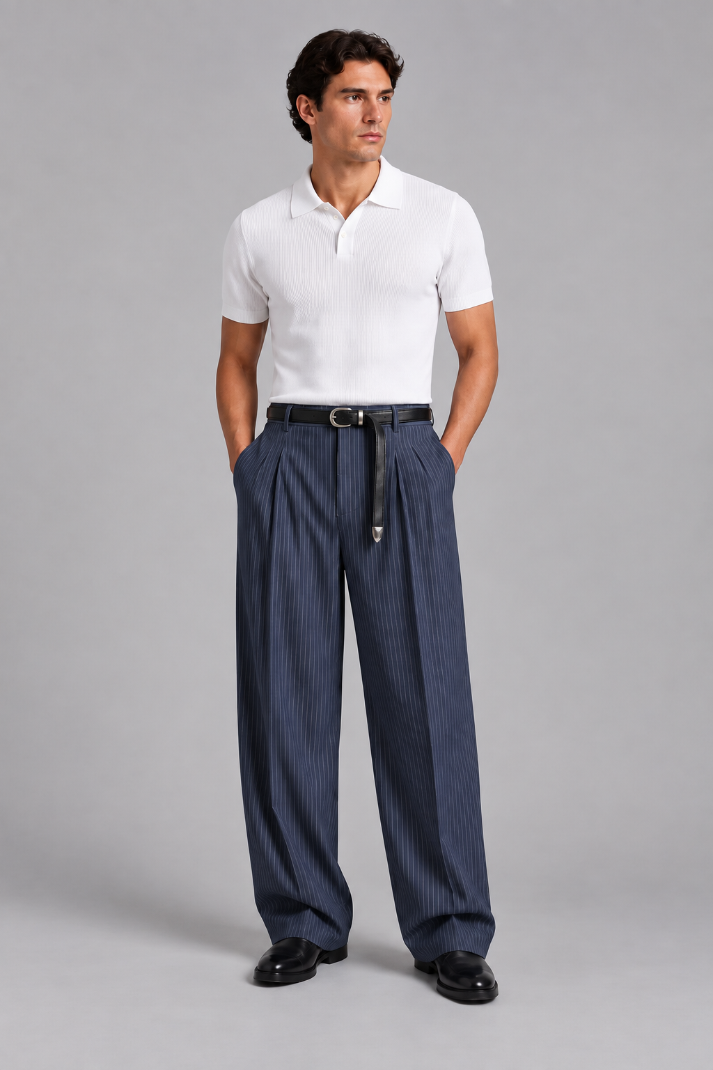 Mens Pinstripe Old Money Tailored Fit Korean Pants-Navy Blue
