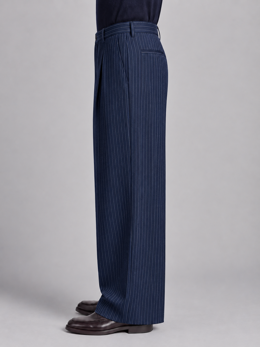 Mens Pinstripe Old Money Tailored Fit Korean Pants-Navy Blue