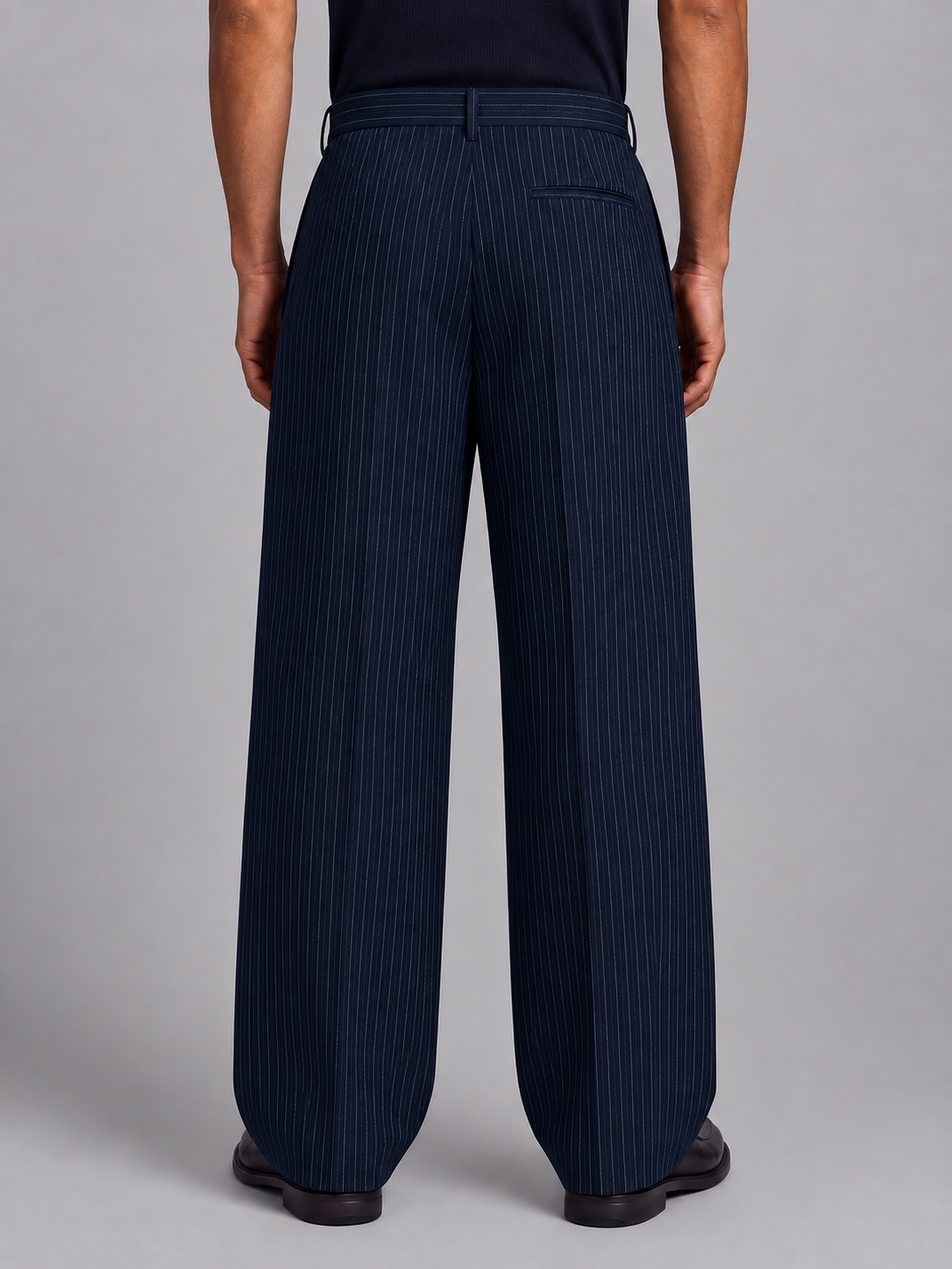Mens Pinstripe Old Money Tailored Fit Korean Pants-Navy Blue