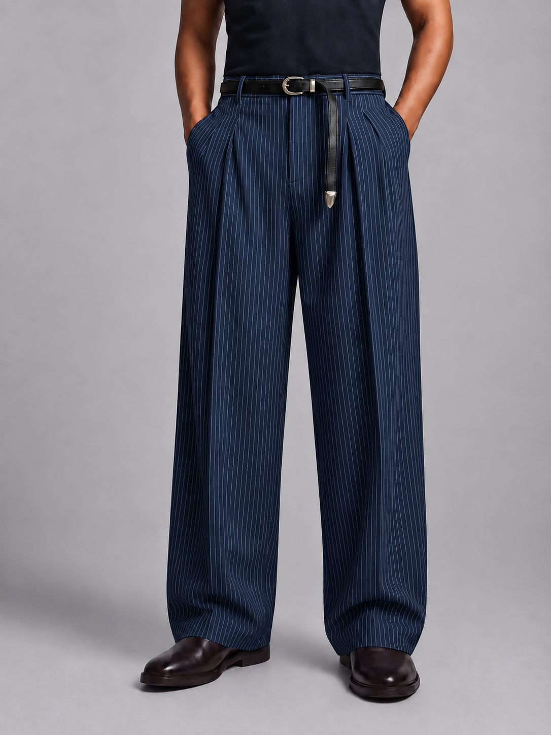 Mens Pinstripe Old Money Tailored Fit Korean Pants-Navy Blue